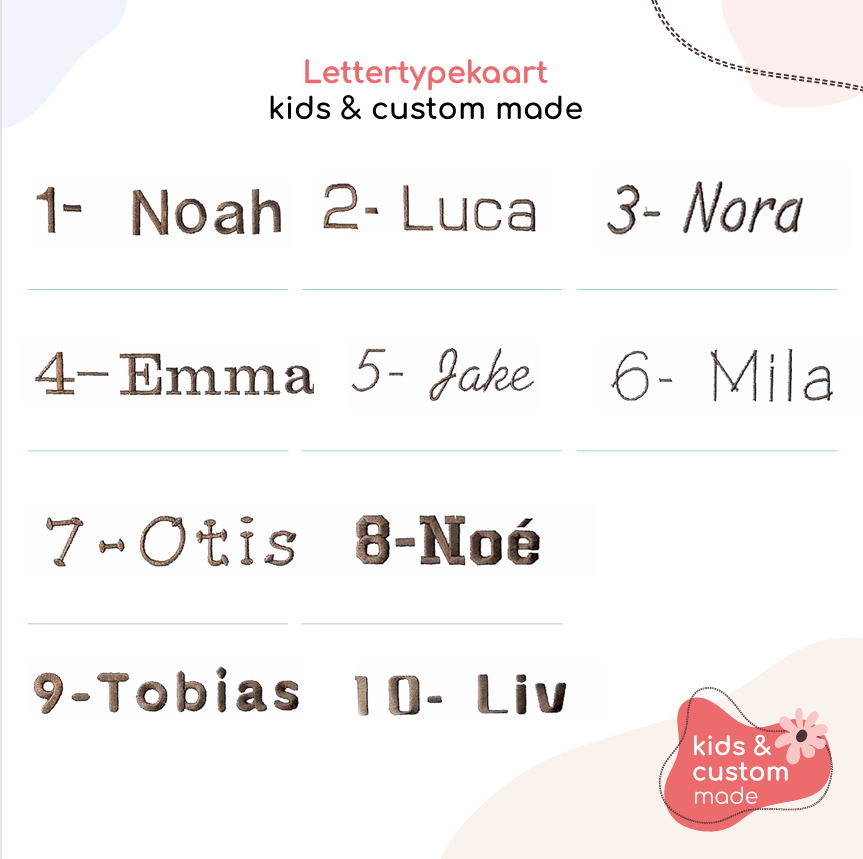 Lettertypekaart. Je kan kiezen uit: 1. Noa, 2. Luca, 3. Nora, 4. Emma, 5. Jake, 6. Mila, 7. Otis, 8. Noé, 9. Tobias of 10. Liv